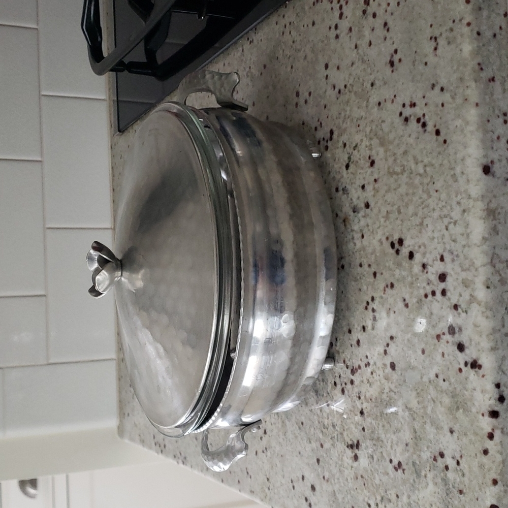 Mid-Century hammered aluminum casserole dish holder and lid